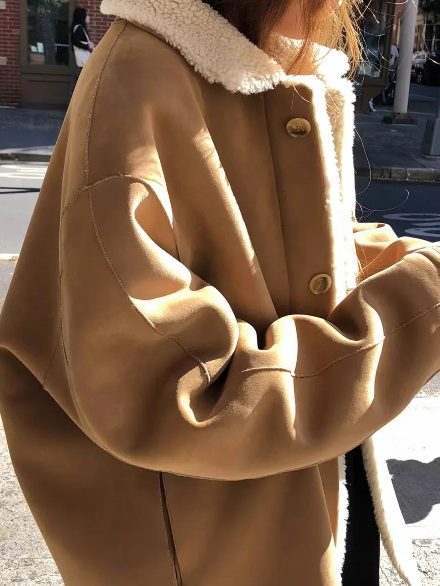 ملابس على الوجهين من فرو الضأن Jaet معطف نسائي عتيق فضفاض من الفرو والجلد متكامل بوابة Dongda OUCE معطف طويل للدفء #4