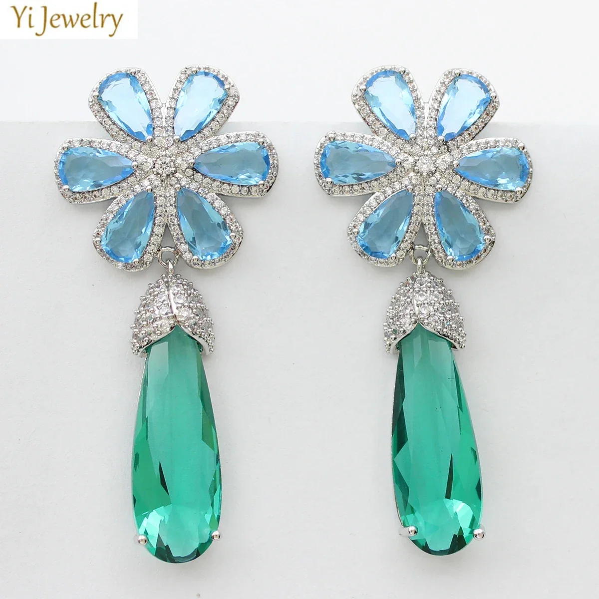 Blue Flower Dangle Earrings for Women Wedding Bridal Big Water Drop Green Pink Earrings Evening Party Female Gift ic Zirconia