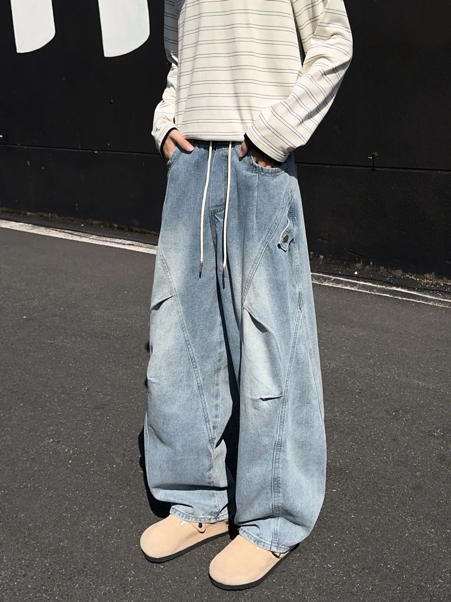 Washed Denim Wide Leg Casual Pants for Men American Fold Design Teenage Straight Loose Fit Jeans Boys Autumn Fashion Trend