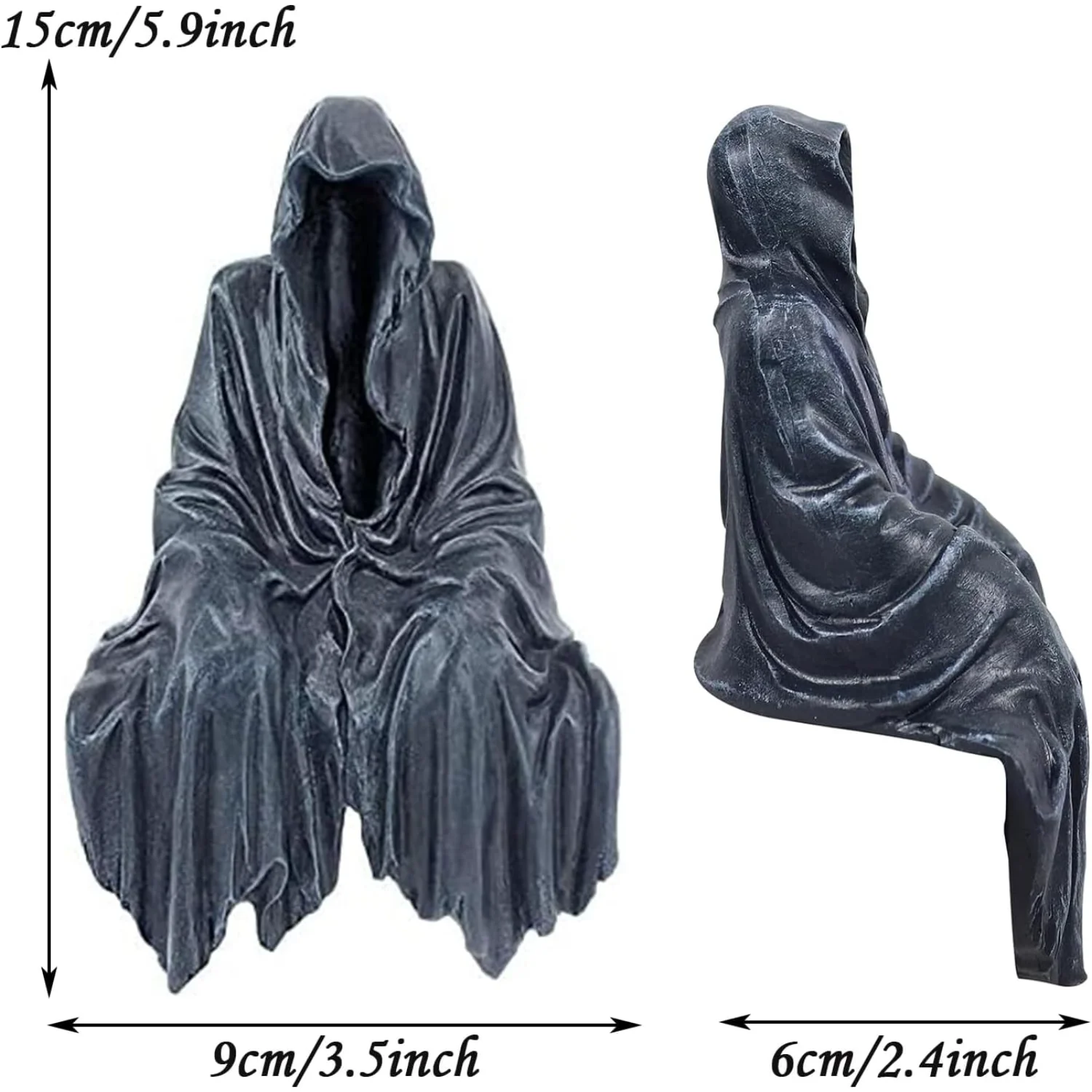 Grim Reaper Sitting Statue Gothic Scary Art Decor, Black Horror Robe Halloween Resin Death Reaper Sculpture, Mystery Man Novelty