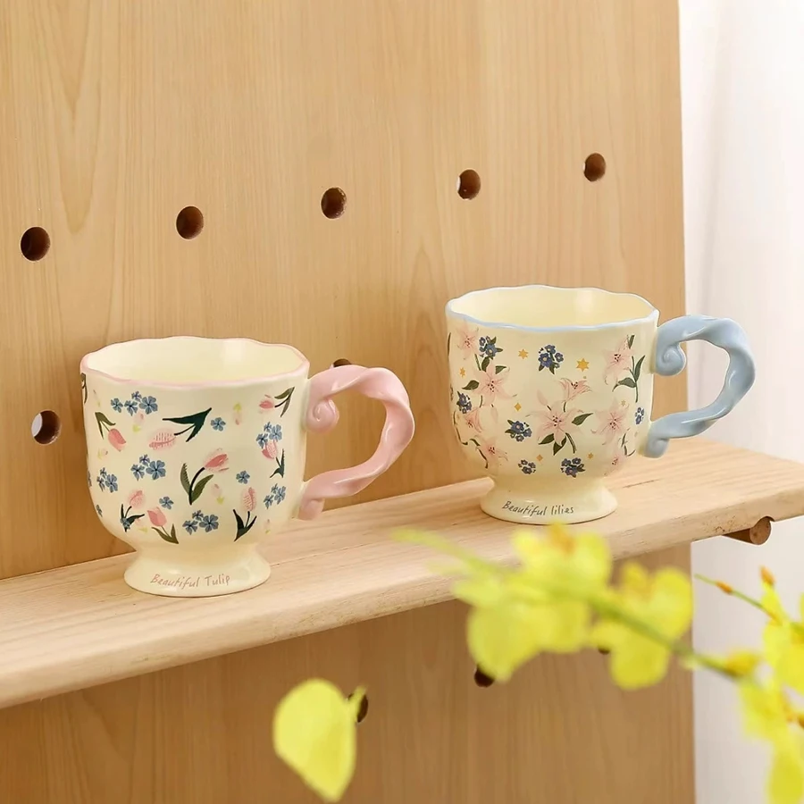 

High value pastoral flower mug tall water cup girls office coffee cup personalized Internet celebrity ceramic cup