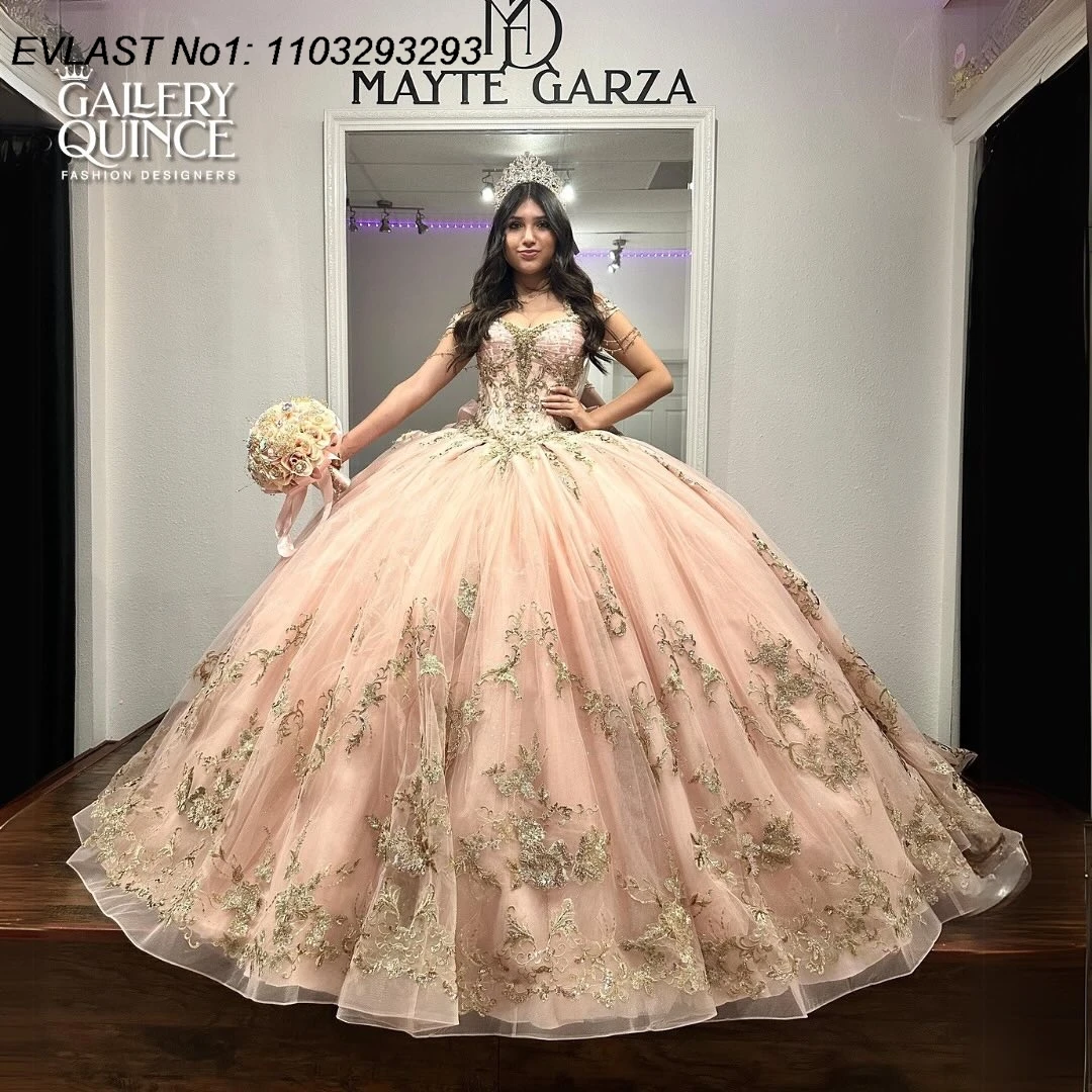 EVLAST Personalizzato Principessa Blush Rosa Abito Quinceanera Abito di Sfera Oro Applique di Pizzo Che Borda Dolce 16 Vestido De 15 Anos E1Q180