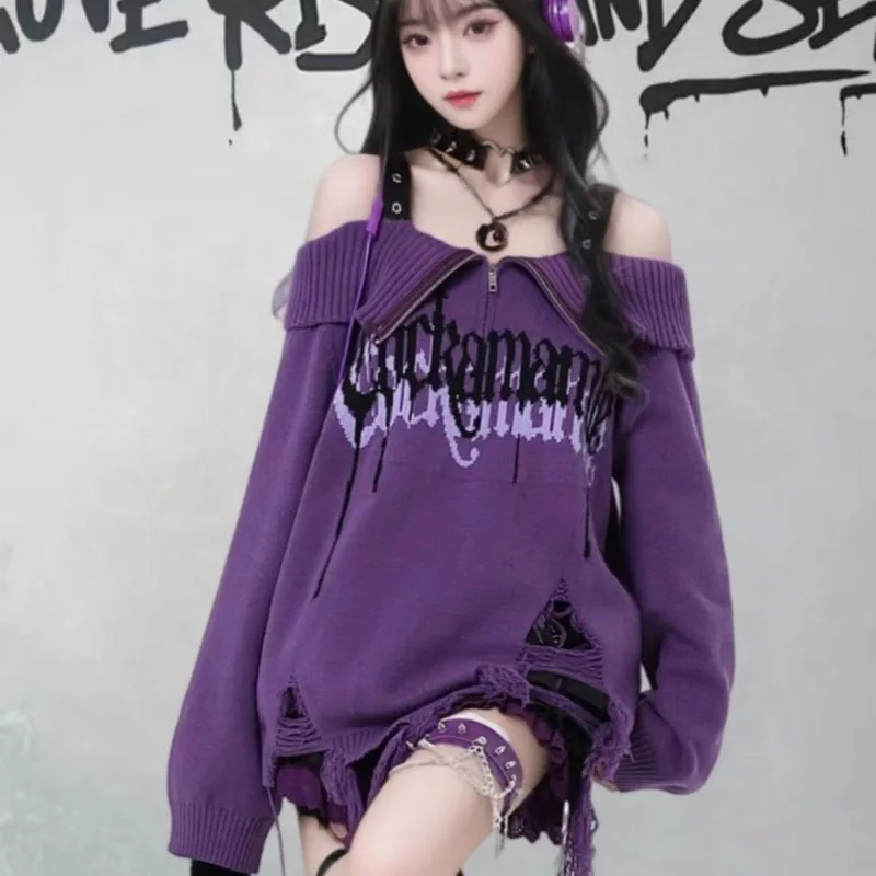 

2025 Subcultural Hole Sweaters Mujer Autumn Winter Loose Y2k Knitted Pullover Simple Korean Style Long Sleeve Top for Women