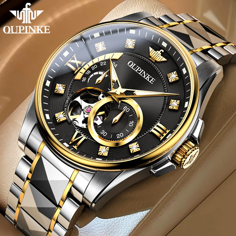 OUPINKE Men Automatic Watches Luxury Tungsten steel Skeleton Self-Winding Watches Sapphire Swiss Mechanical Movement Watch 3245