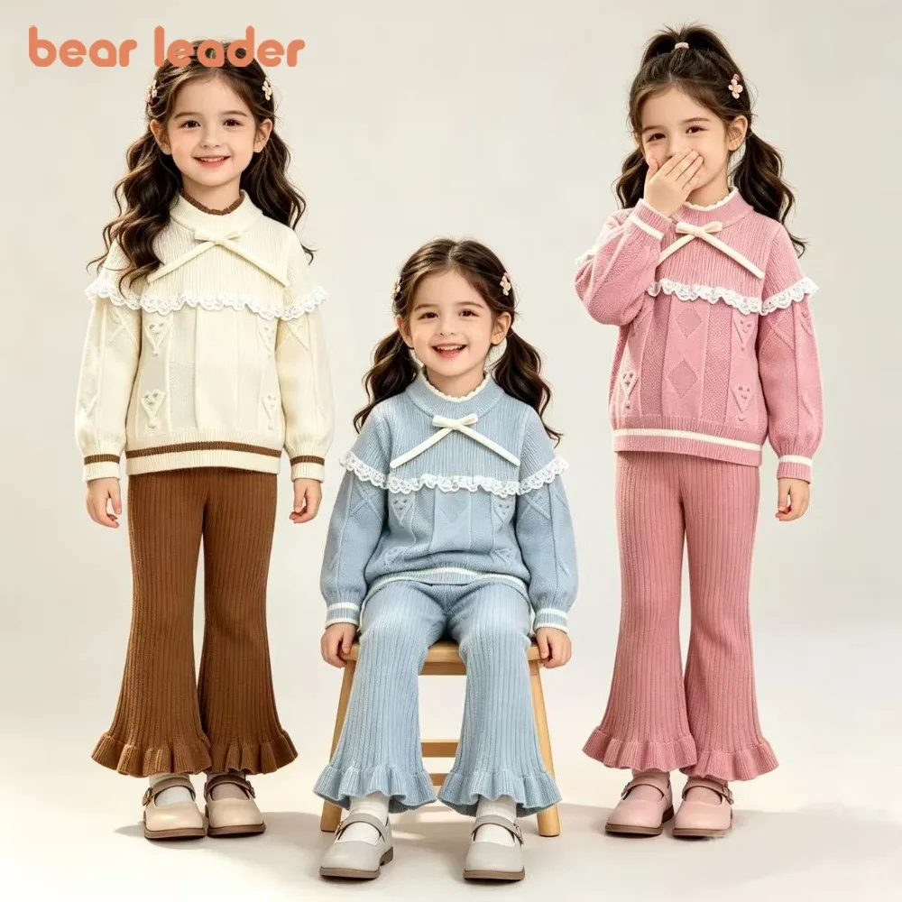 Bear Leader Korean Version Bow Knitted Sweater Girls' Clothing Autumn/Winter Long Sleeved Lace Splicing Color Blocked Top+Pants