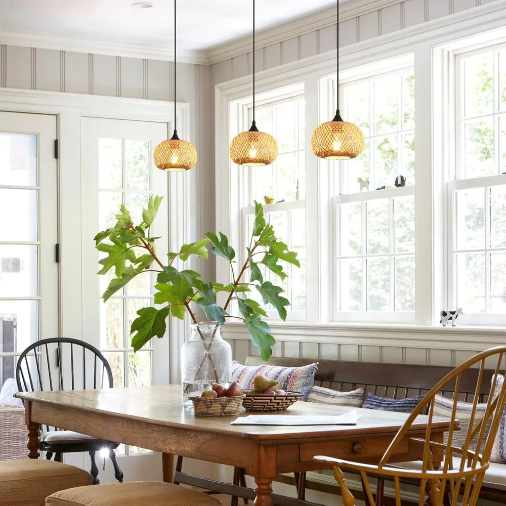 Bamboo Pendant Light Handmade Wicker Ceiling Lamp Rustic Hanging Light Fixture Boho Chandelier Dining Room Lighting Home Decor