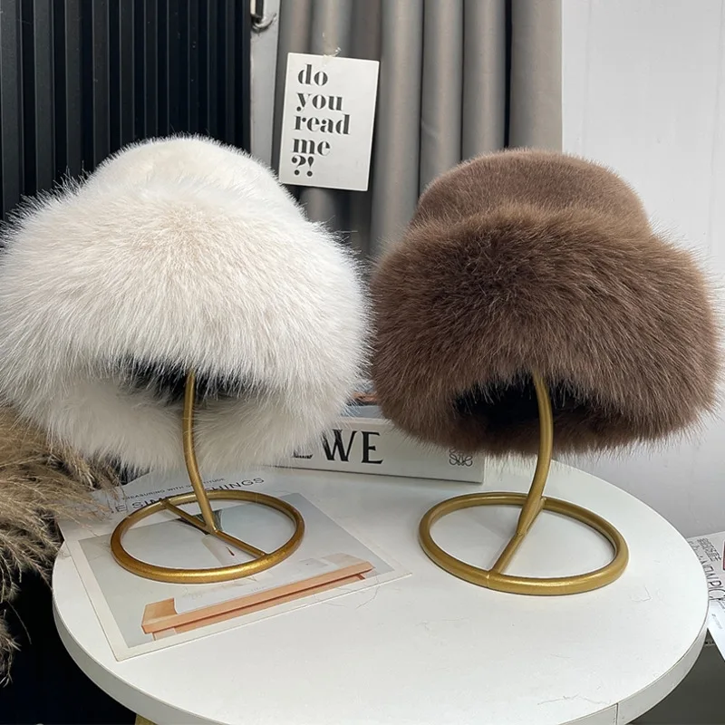 Faux Fur Fox Fur Hat For Women Winter Thickened Warm Plush Hat Northeast Cold-Proof Hat Fashion Flat Top Hat Fluffy Bomber Hat
