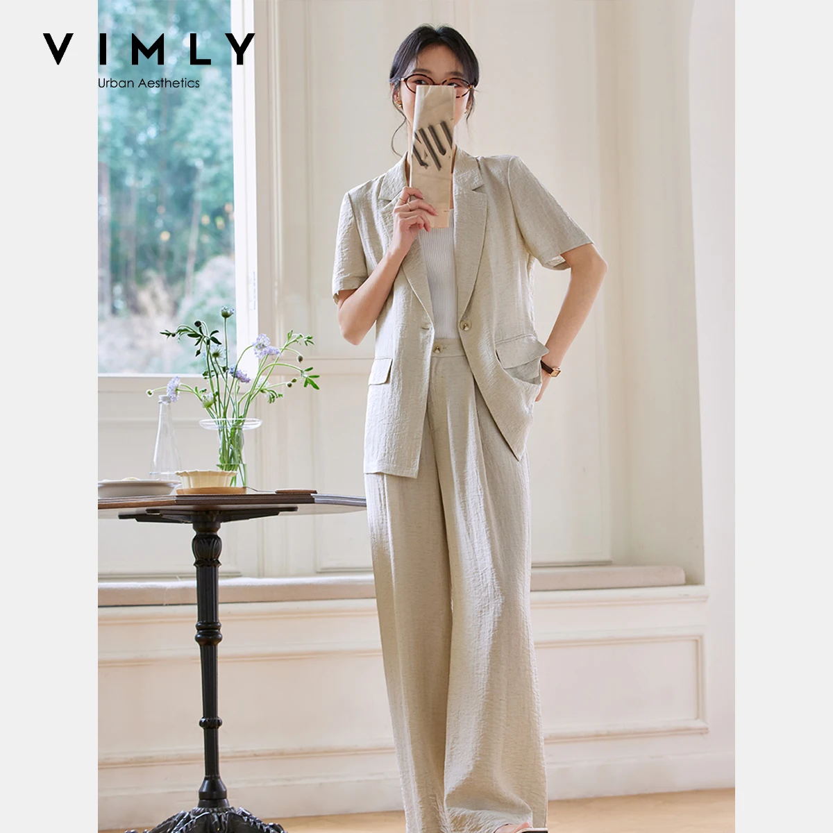 

VIMLY Fashion Commuter Suit Women's Summer 2025 New Jacket Top And Wide Leg Pants Two-piece Set A1161