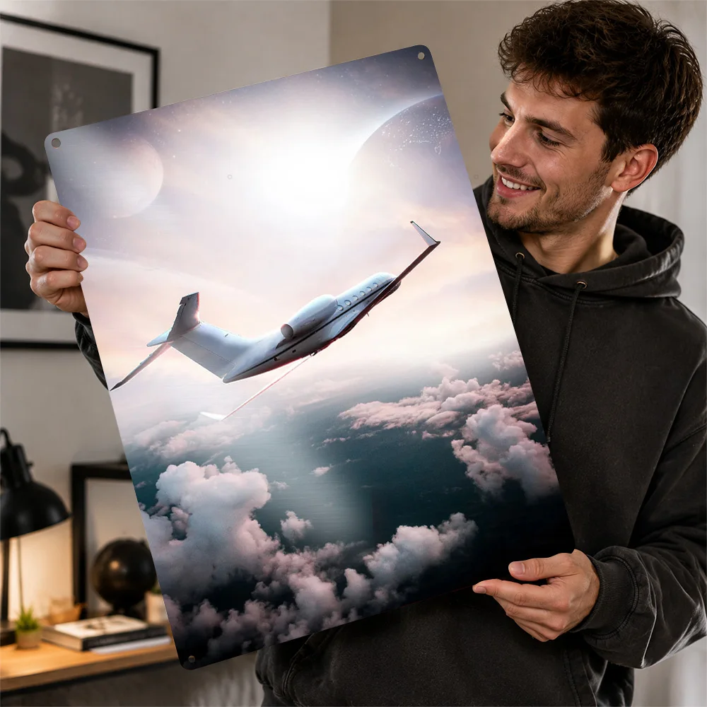 Passenger Plane Above Clouds Aluminum Poster Customized Metal Sign Supersonic Flight Portrait Wall Art Belongs In Home Offices