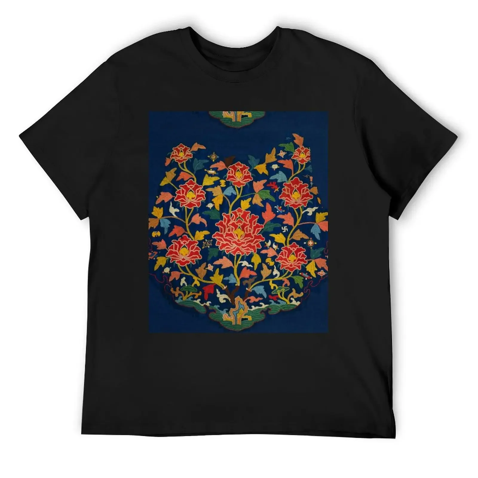 ANTIQUE FLOWERS WITH ROCKS,OCEAN,RED PEONIES Oriental Floral In Blue Indigo T-Shirt boys whites tshirts for men