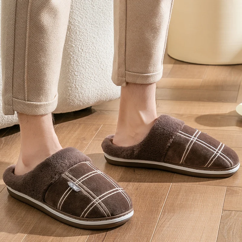 Warm Furry Winter Mens Slippers Indoor Soft Plush Memory Foam Plaid House Shoes Non-slip Fluffy Bedroom Slippers for Men