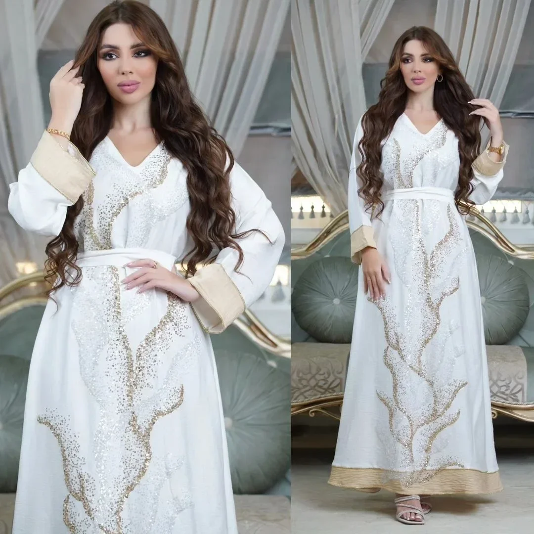 Imagem -02 - Vestido Árabe de Lantejoulas para Senhoras Abaya Longa Kaftan Dubai Túnica Muçulmana Rosa Luxo