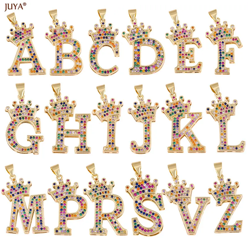 

Juya Multicolor Zircon Copper Pendant Plated 18K Gold Color Crown Alphabet Charms For Jewelry Making DIY Necklaces Accessories