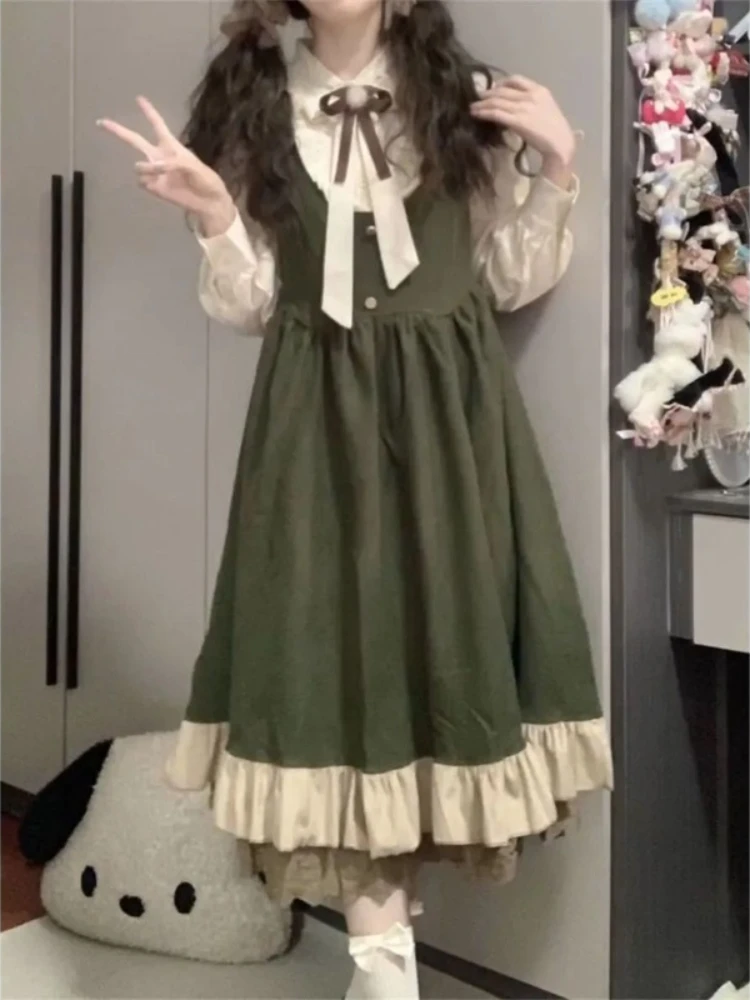 

Spring and Autumn Two-piece Set for Women College Style Lace Green Shirt + Dress Suit Woman