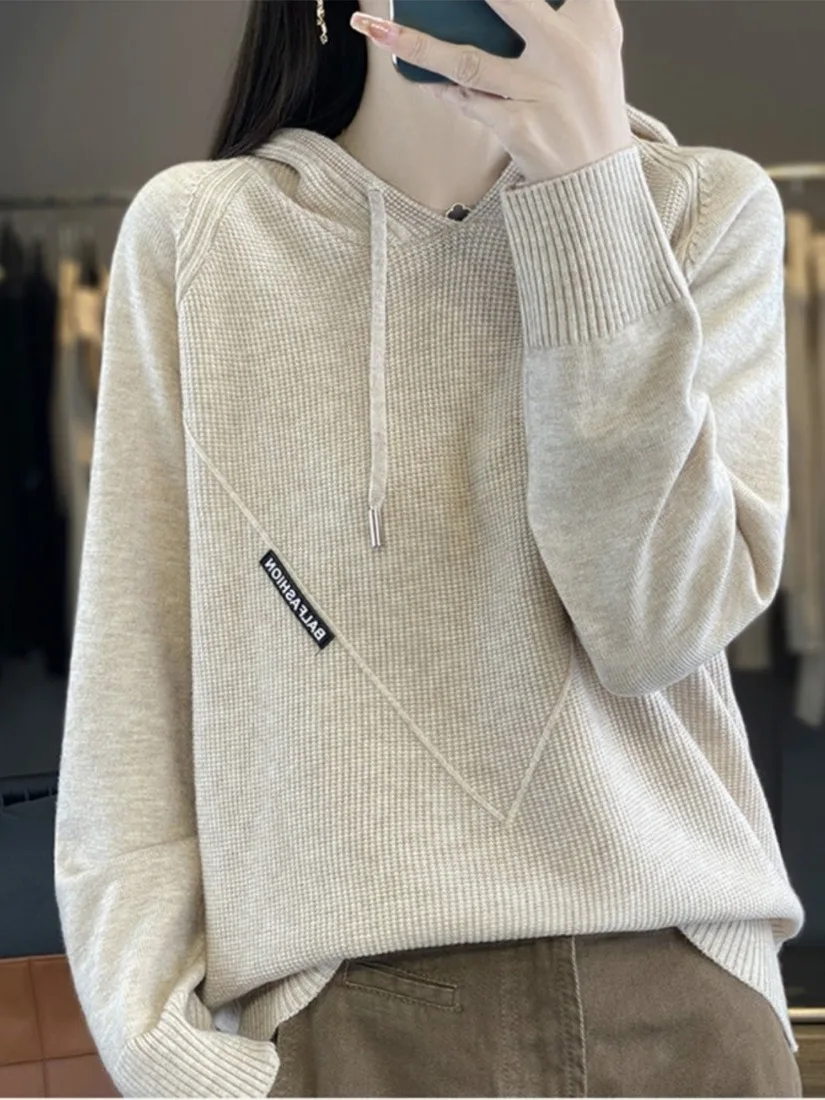 Lockerer Damen-Strick-Hoodie Thermal Irt Casual Sle Polyester und Camere Blend Long Sve Winter Faion Top