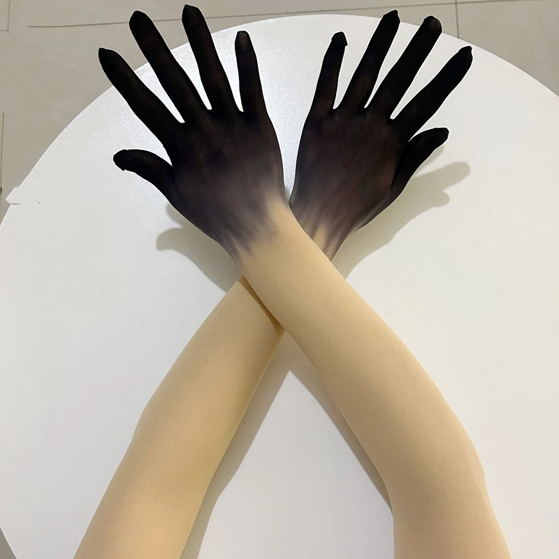 Damen-Strumpfhandschuhe aus Tüll mit Farbverlauf, extra lang, eng anliegend, hohe Elastizität, atmungsaktiv, für Cosplay, KPOP, Bühnenauftritte, sexy – Detail 4
