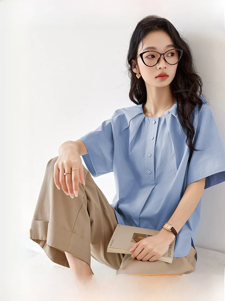 

Blue Short Sleeve Shirt Women's Top Summer Design Sensation Slimming Effect Casual Loose Fit Cotton round Neck Button Detail