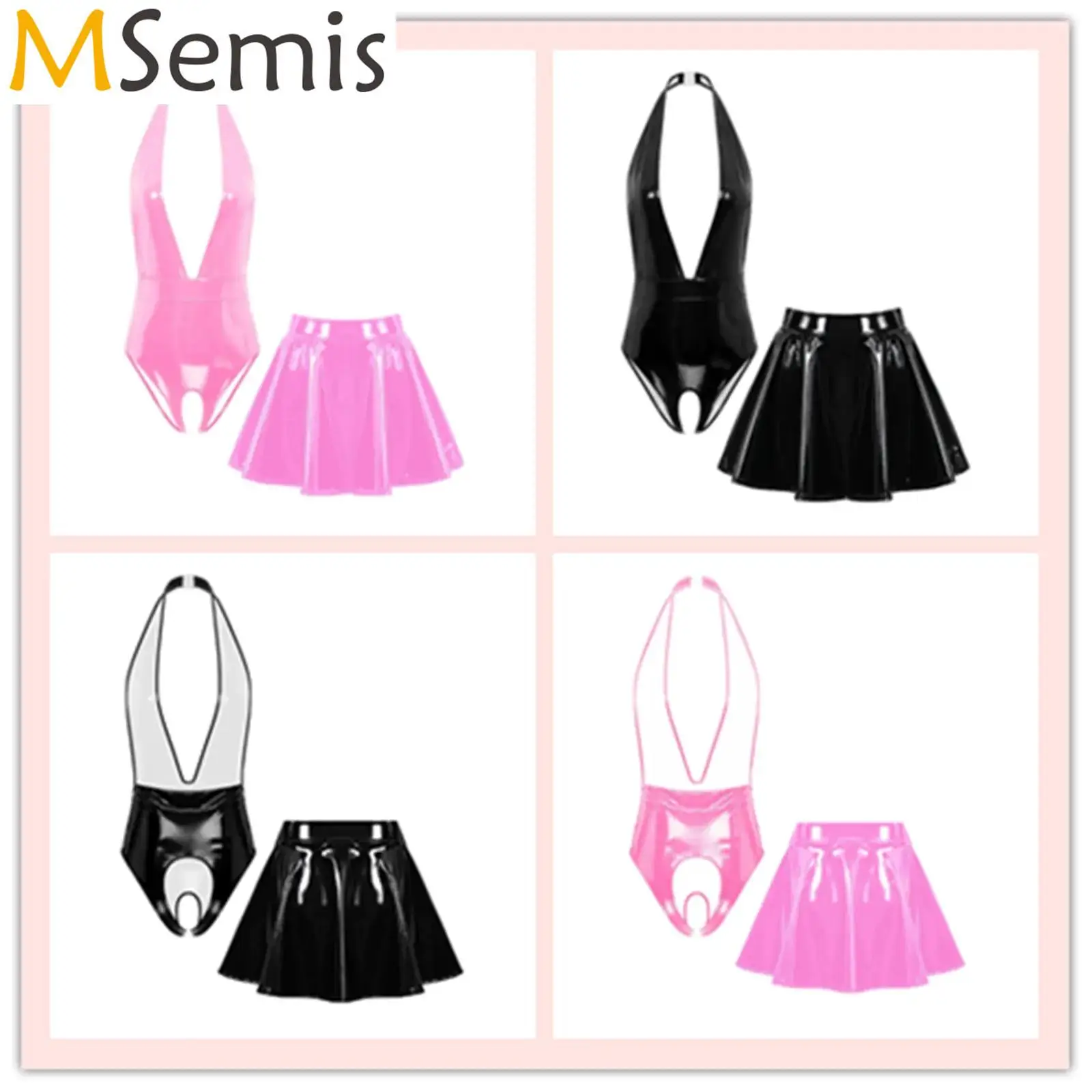 

Women Wet Look Patent Leather Two Pieces Lingerie Set Halter Crotch Opening Leotard with Mini Skirt Club Wear Rave Outfit