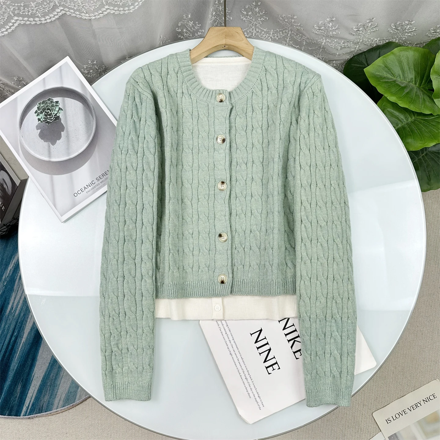 

Classic Knitted Simple round Neck Twisted Flower Cardigan Outerwear Women's Autumn Winter New Style Long Sleeve Buttoned Coat