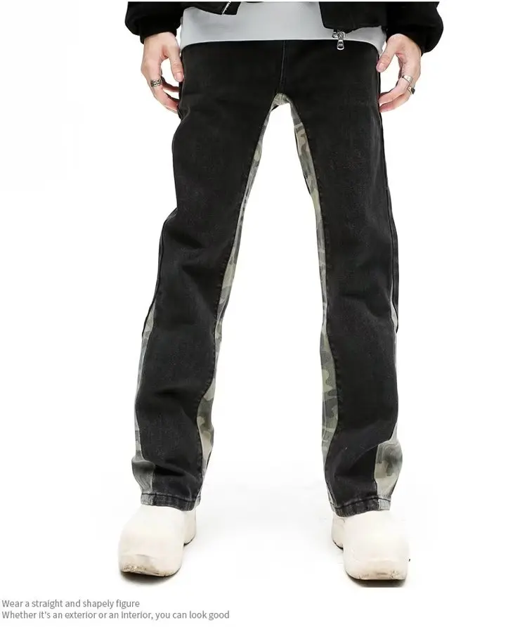 2026 Cooles Design Camouflage Patchwork Gerade Herren-Jeans Y2K Kleidung Hip-Hop Gewaschene Schwarze Lässige Lange Hosen Ropa Hombre – Detail 4