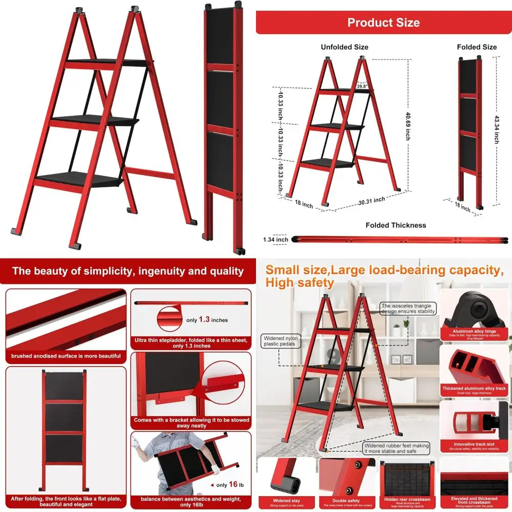 

Aluminum Folding Step Stool - Ultra Thin, 400 lbs Capacity, Anti-Slip, Heavy Duty, Wide Tread for Closet Storage and Stability