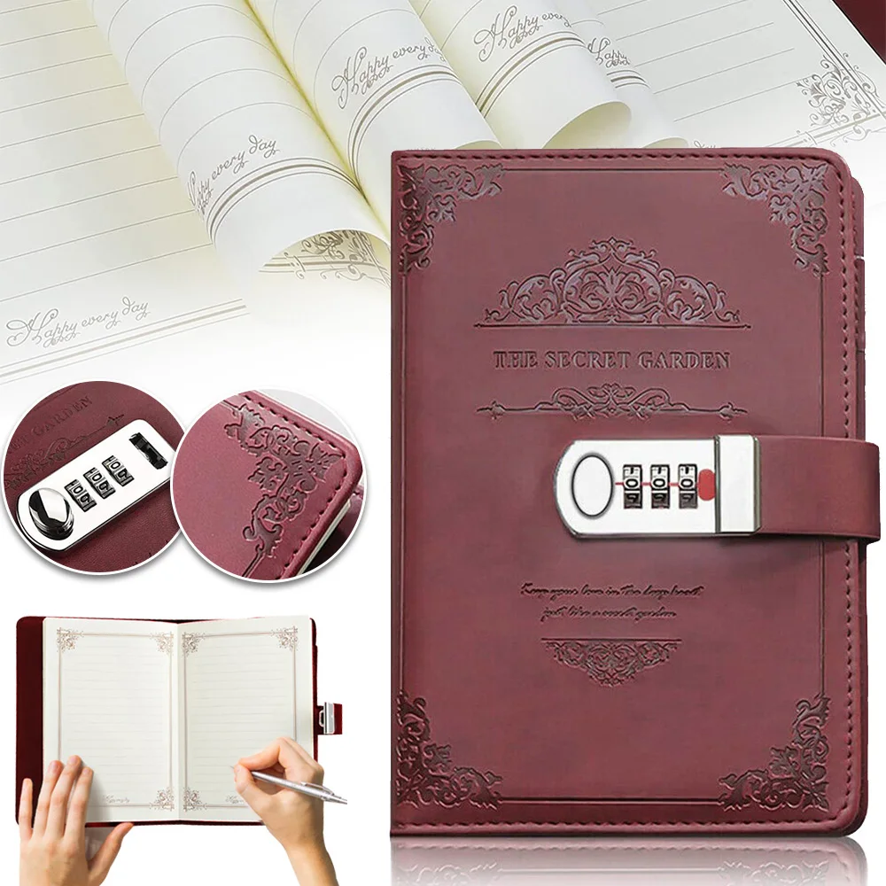 Carnet de notes journalier en PU avec serrure à code, carnet de notes souple gaufré vintage avec fermeture à boucle, excellent cadeau