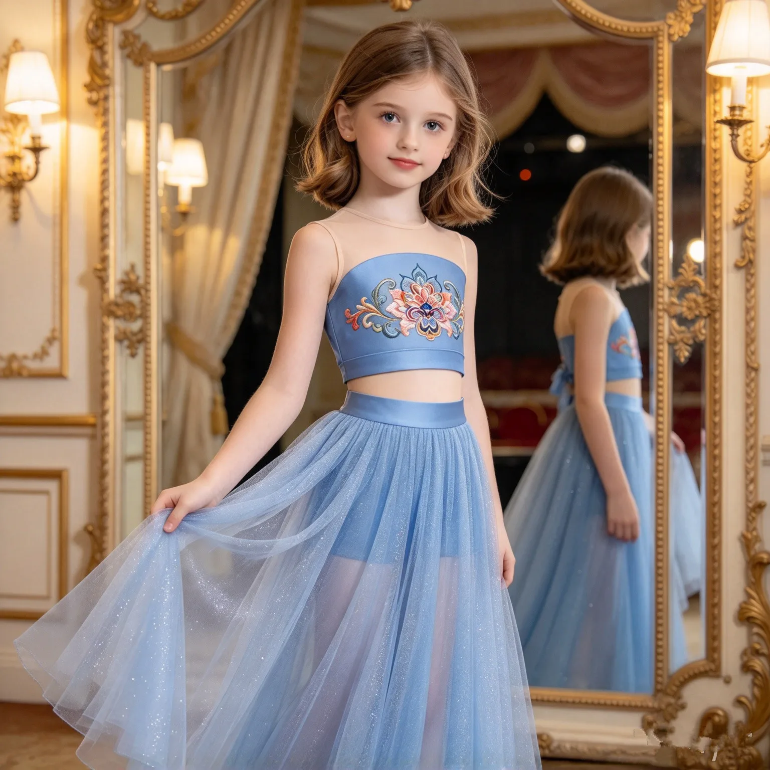 Kids Girls Lyrical Modern Contemporary Dance Costume Dancewear Embroidered Floral Print Crop Top with Shimmery Wide-leg Pants