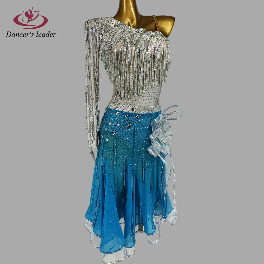 Latin Dance Dress High-end Custom Contrast Color Full Diamond Half Through Dance Skirt Cha Cha Tango Stage Professional Clothing