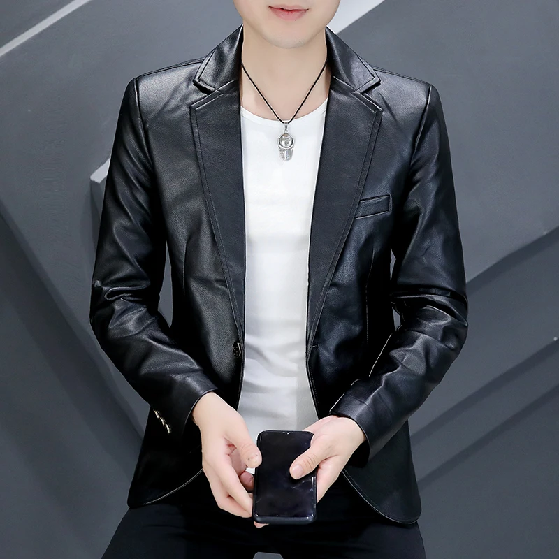 

Slim Fit PU Leather Jaet Men's Autumn Sle Faionable Korean Version Youth Versatile Long Sve Suit Coat with Single Bu...