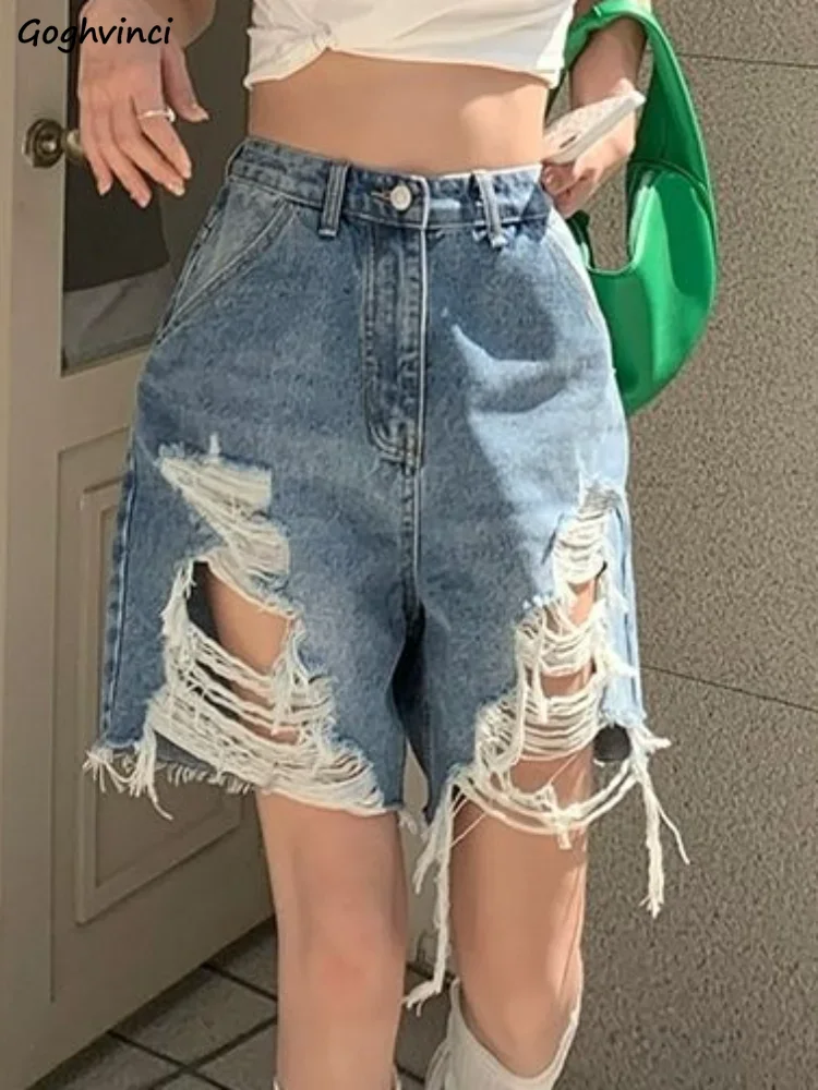 

Denim Shorts Women Hole Ripped S-5XL Summer High Street Fashion Ulzzang Loose Simple All-match Personality Chic College Casual