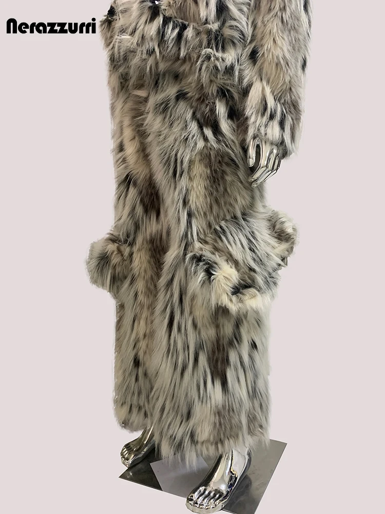 

Mauroicardi Winter Long Colorful Multicolored Thick Warm Hairy Fluffy Faux Fur Wide Leg Pants Men Runway Fashion Streetwear 2025