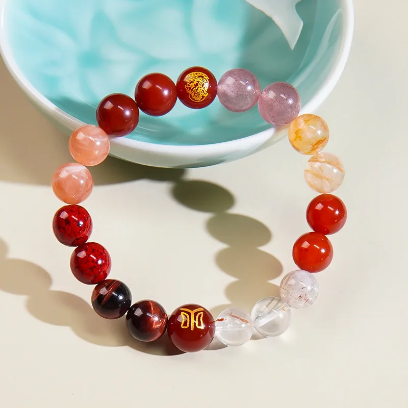 Gold Wood Water Fire and Earth Five-element Bracelet Girl's Natural Crystal Bracelet for Wealth and Good Luck Beaded Hand String