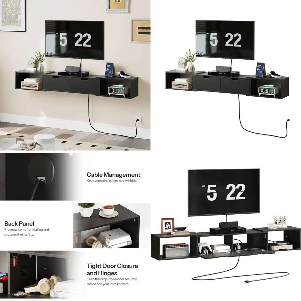 

Corner Wall-Mounted Entertainment Center, 62.2 Floating TV Stand with Storage and Power Outlet for Living Room, Black BK77UDS01