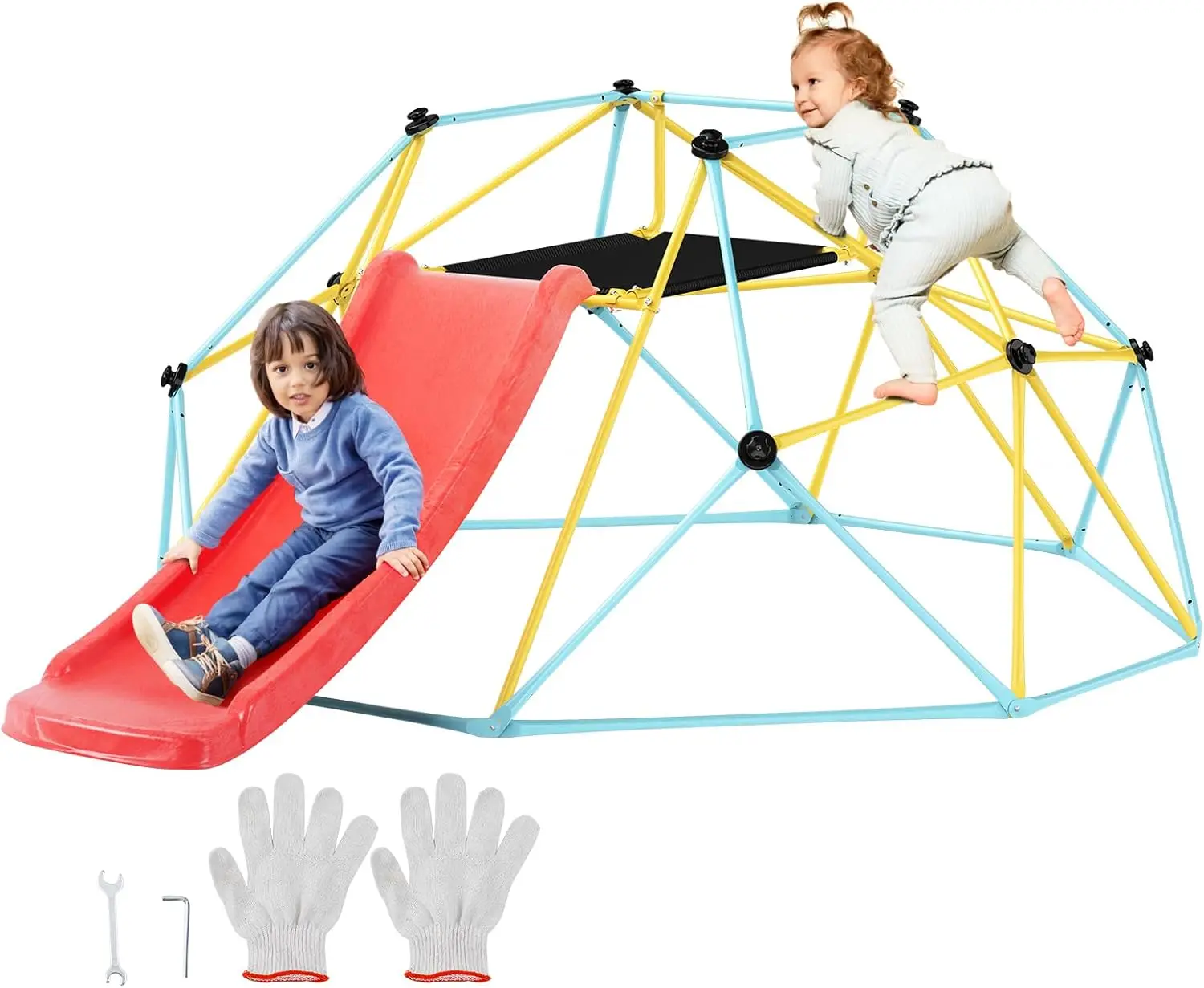 Climbing Dome, 8FT Geometric Dome Climber with Slide, Jungle Gym Supports 600LBS and Easy Assembly for Kids 3 to 9 Years