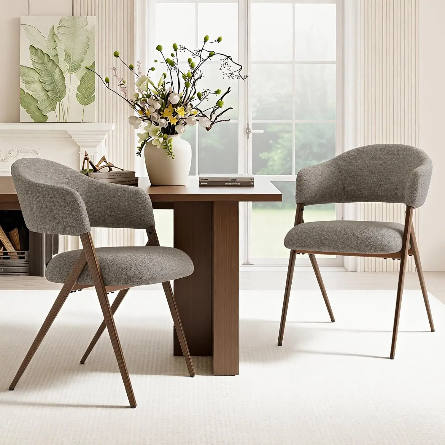 Dining Chairs Set of 2, Mid Century Modern Dining Room Kitchen Dinner Chairs with Iron Legs, Open Back and Padded Seat, for Living Room/Bedroom/Restaurant/Cafe, Taupe