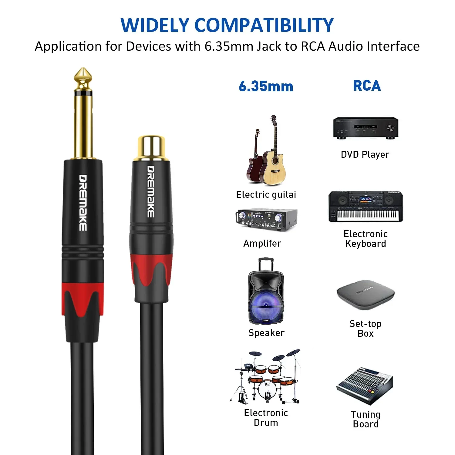 DREMAKE Audio Cable TS do RCA 6.35mm 1/4 Cal męski na RCA żeńskie (męskie) kable do gitary elektrycznej elektroniczne lub bębnowe pozłacane