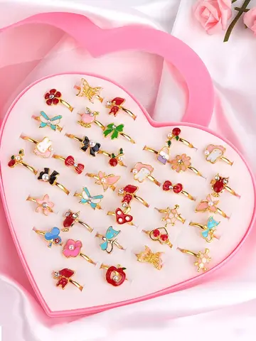 10/20/36 pcs Cute Adjustable Rings Children Girls Pretend Play Makeup Toys Cartoon Crystal Jewelry Alloy Animal Enamel Ring