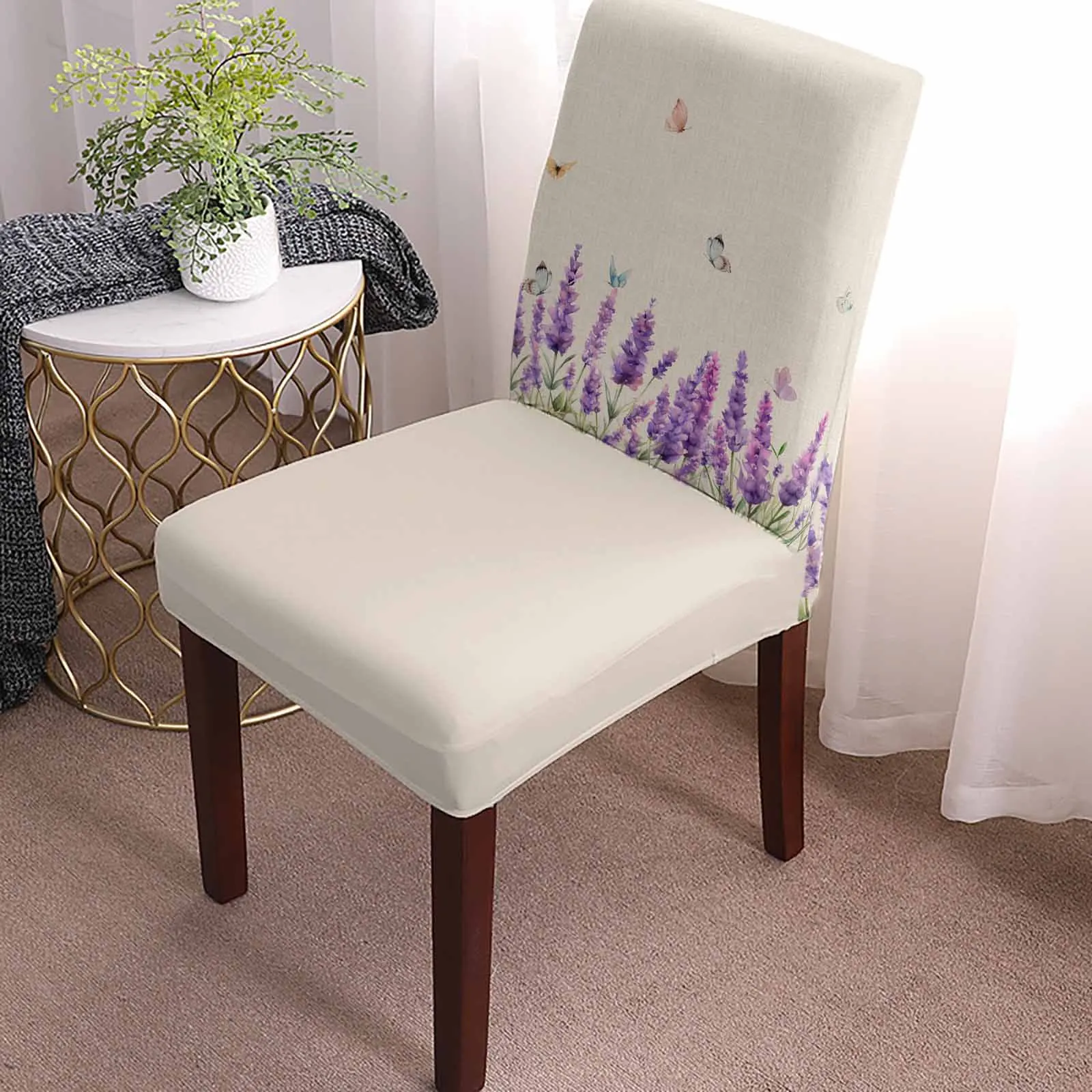 Spring Watercolor Lavender Butterfly Dining Chair Covers Spandex Stretch Seat Cover for Wedding Kitchen Banquet Party Seat Case