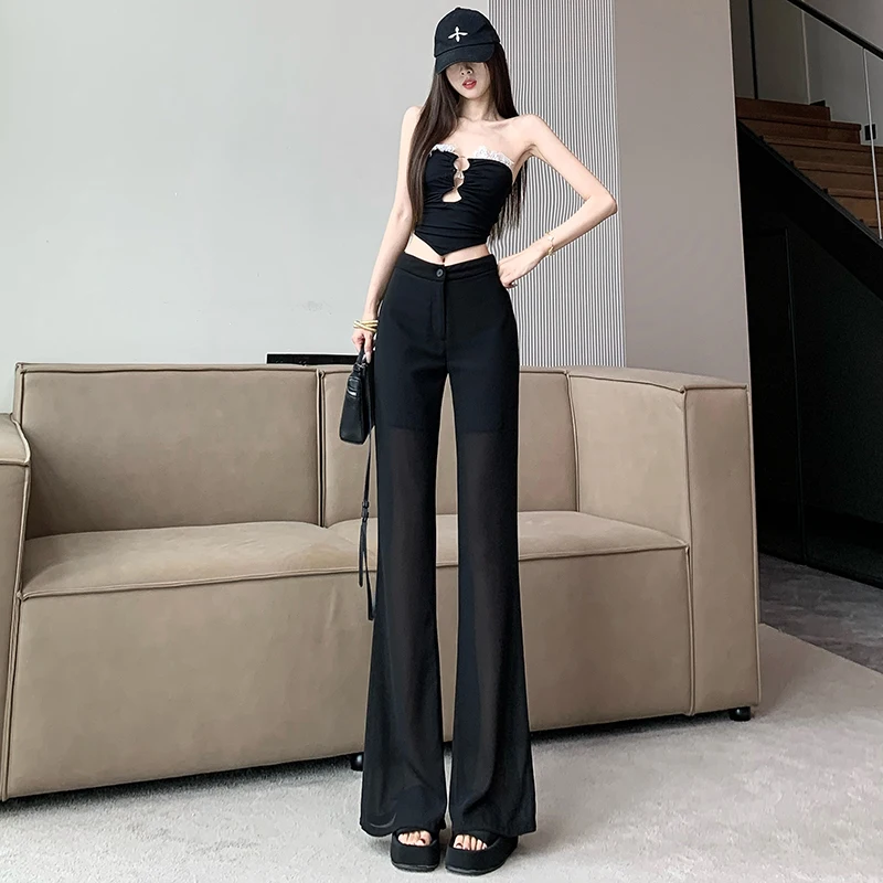 Summer New Black Spicy Girl High Waist Slim Mesh Spliced Micro Flare Pants Design Sense Temperament Thin Pants for Women