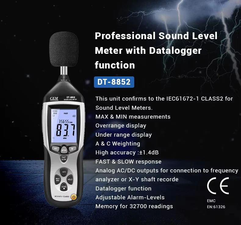 CEM DT-8852 Digital Sound Level Meter With Analog AC/DC Outputs USB Sound Recorder 1.4dB Accuracy 30~130dB Level range