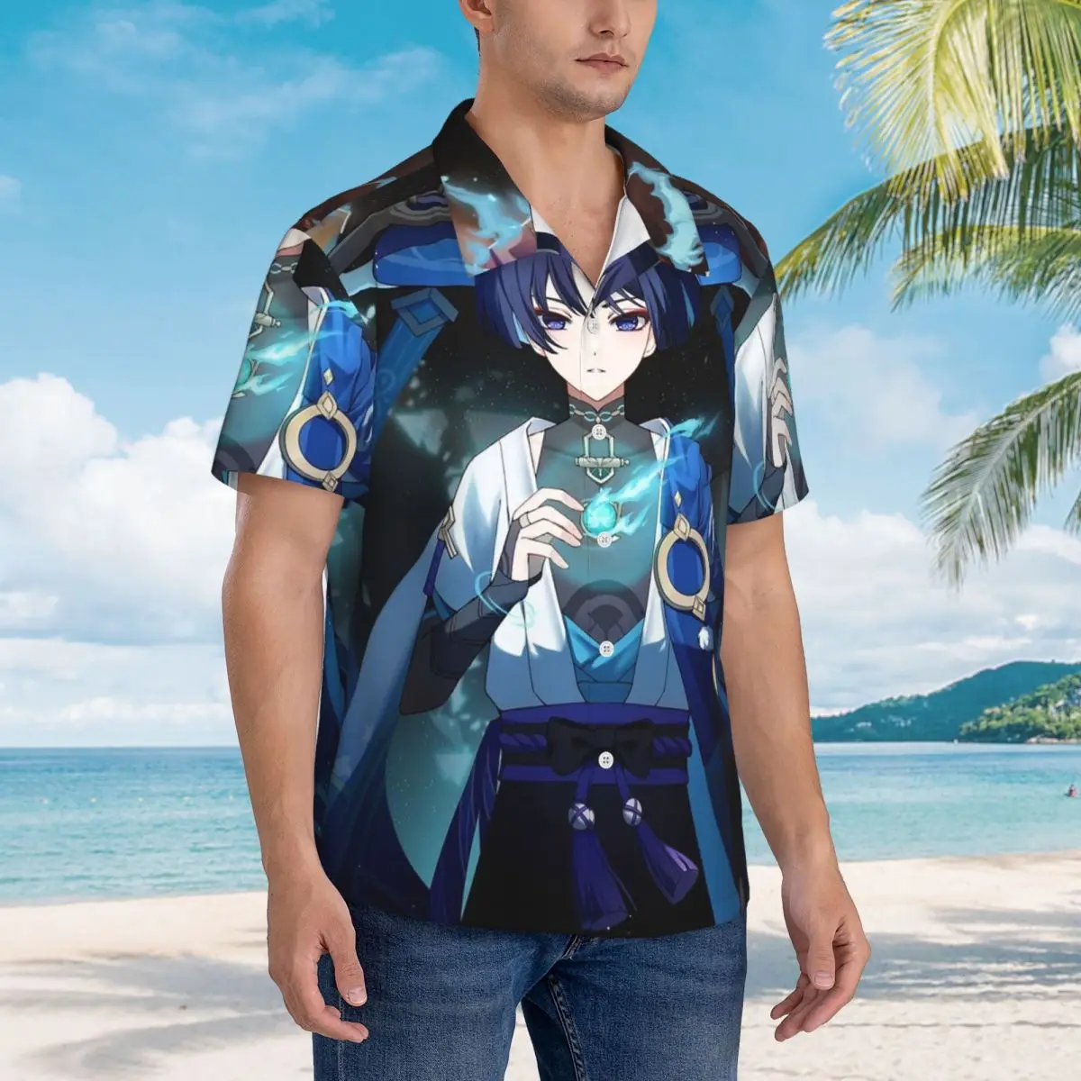 

Scaramouche And Wanderer Game Hawaiian Shirts Casual Men Short Sleeve Shirt for Summer Beach Men's Lapel Tops