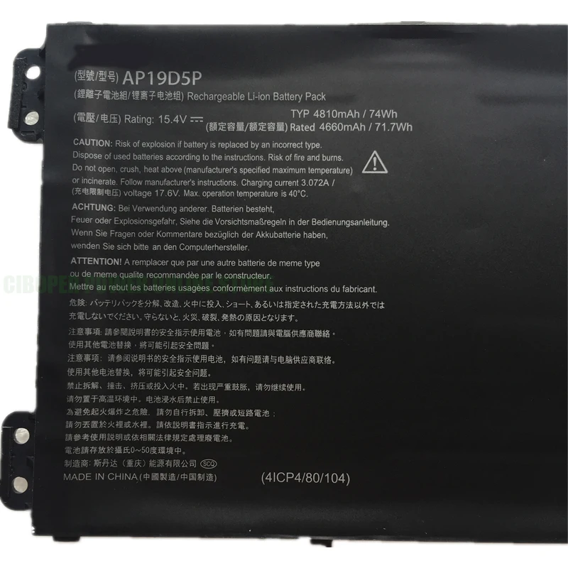 CP Laptop Battery AP19D5P 15.4V/4810mAh/74Wh For Predator HELIOS 500 PH517-52,700 PH717-72,Conceptd 3 EZEL CC315-72G CC314 CN315