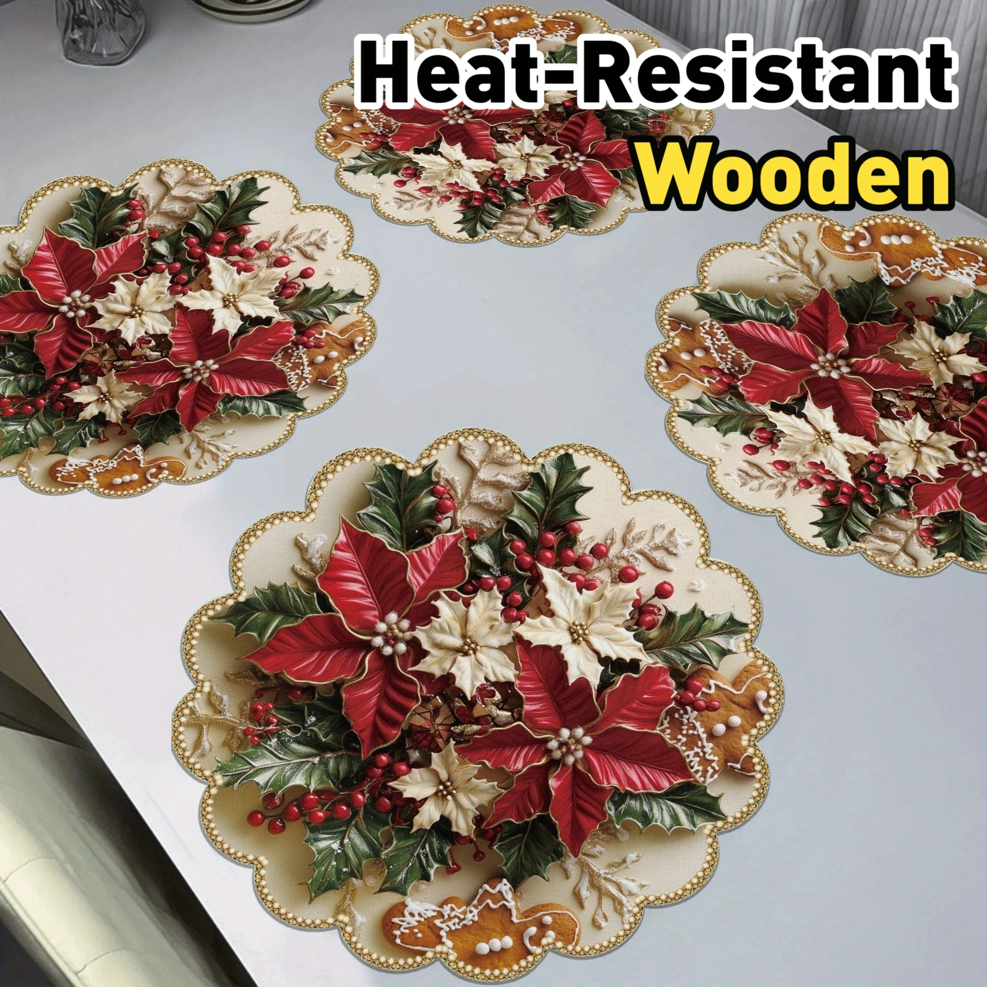 4-teiliges Weihnachts-Tischsets-Set mit roten Blumen und grünen Blättern, Holztischsets für Feiertage, Esszimmer, Weihnachtsfeier-Dekoration