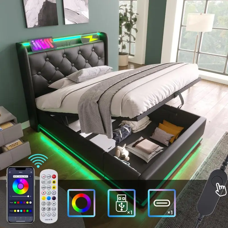 Twin Size Upholstered Bed with 360 Surround LED, Hydraulic Storage, USB Type-C Charging, Remote & App Control, Black PU, No