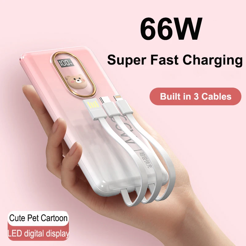 

30000mAh Power Bank Built in Cable 66W PD Super Fast Charging Portable Charger Type C Powerbank for iPhone Samsung Xiaomi Huawei
