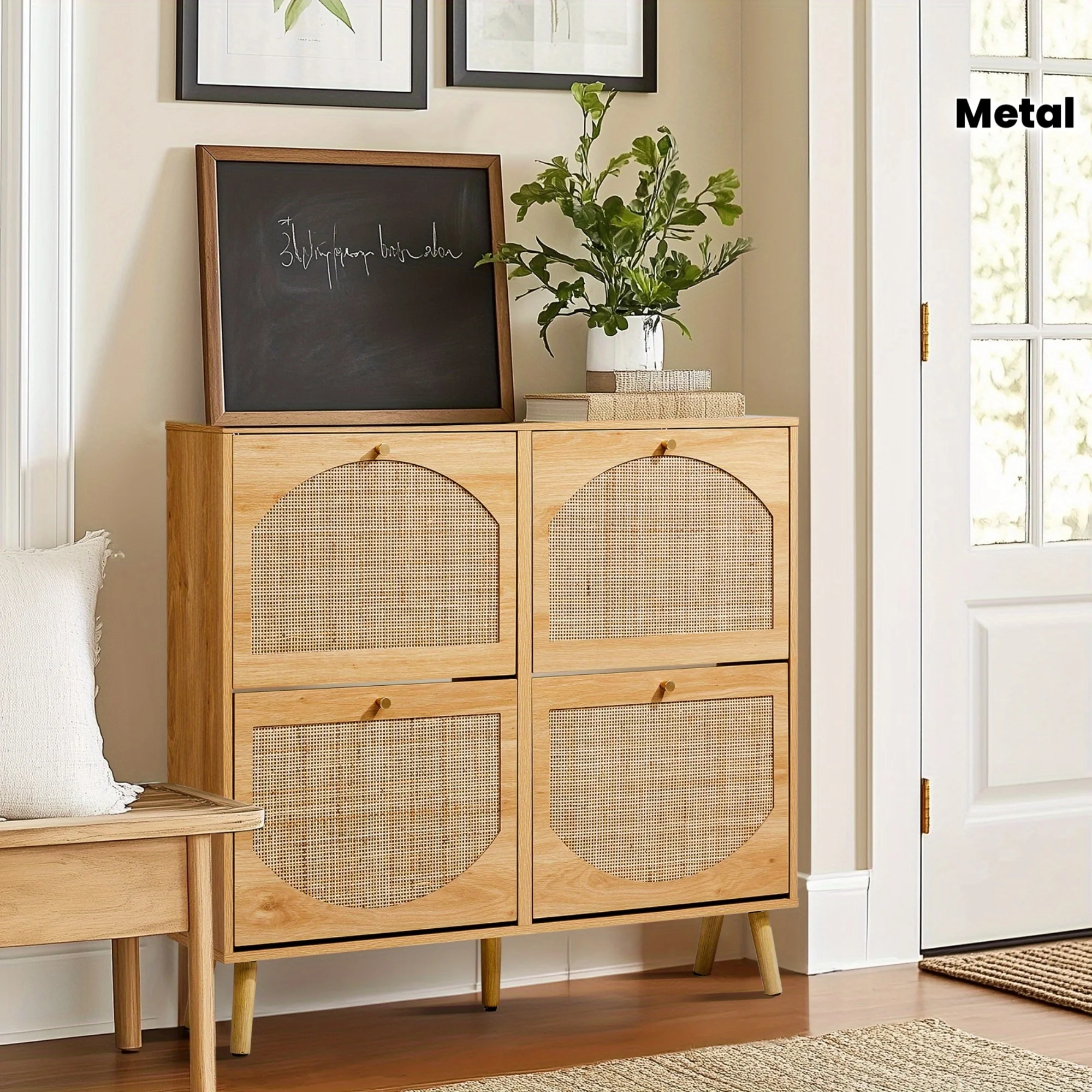 Modern 4-Shelf Shoe Cabinet with Rattan Panel Doors & High Legs - 2-Row Freestanding Storage Organizer, Space-Saver