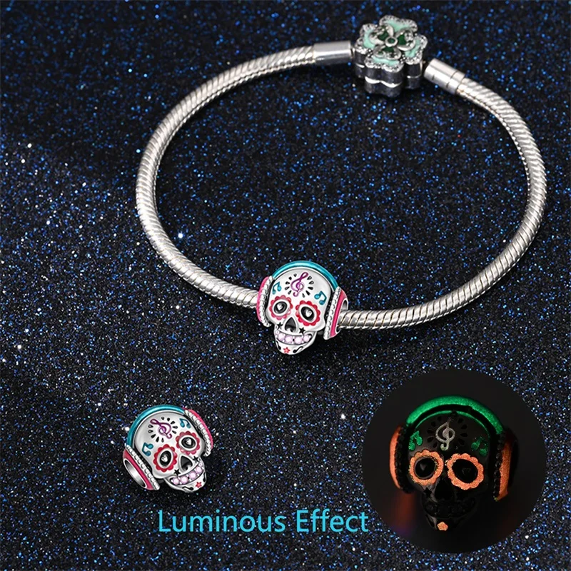 New 925 Sterling Silver Luminous Halloween Skull Witch Pumpkin Candy Charms Beads Fit Pandora Original Bracelets Party Jewelry