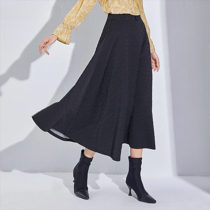 

Chic High Waist Texture Folded Long A-Line Skirt Women's New Autumn Faion Ele Sle f Skirt Korean Commute Pure Color