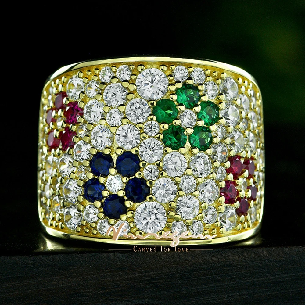 Vinregem Sparkling Sapphire Ruby Emerald High Carbon Diamond Gemstone 18K Gold Plated 925 Sterling Silver Rings Fine Jewelry