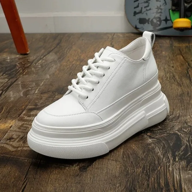 Women Genuine Leather Hidden Platform White Sneakers Lace Up Multi-Layer Chunky Sole Height Increasing Casual Shoes